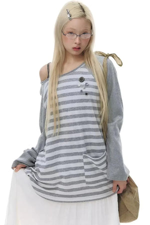 Button Striped Off-Shoulder Top