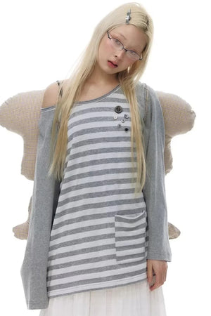 Button Striped Off-Shoulder Top