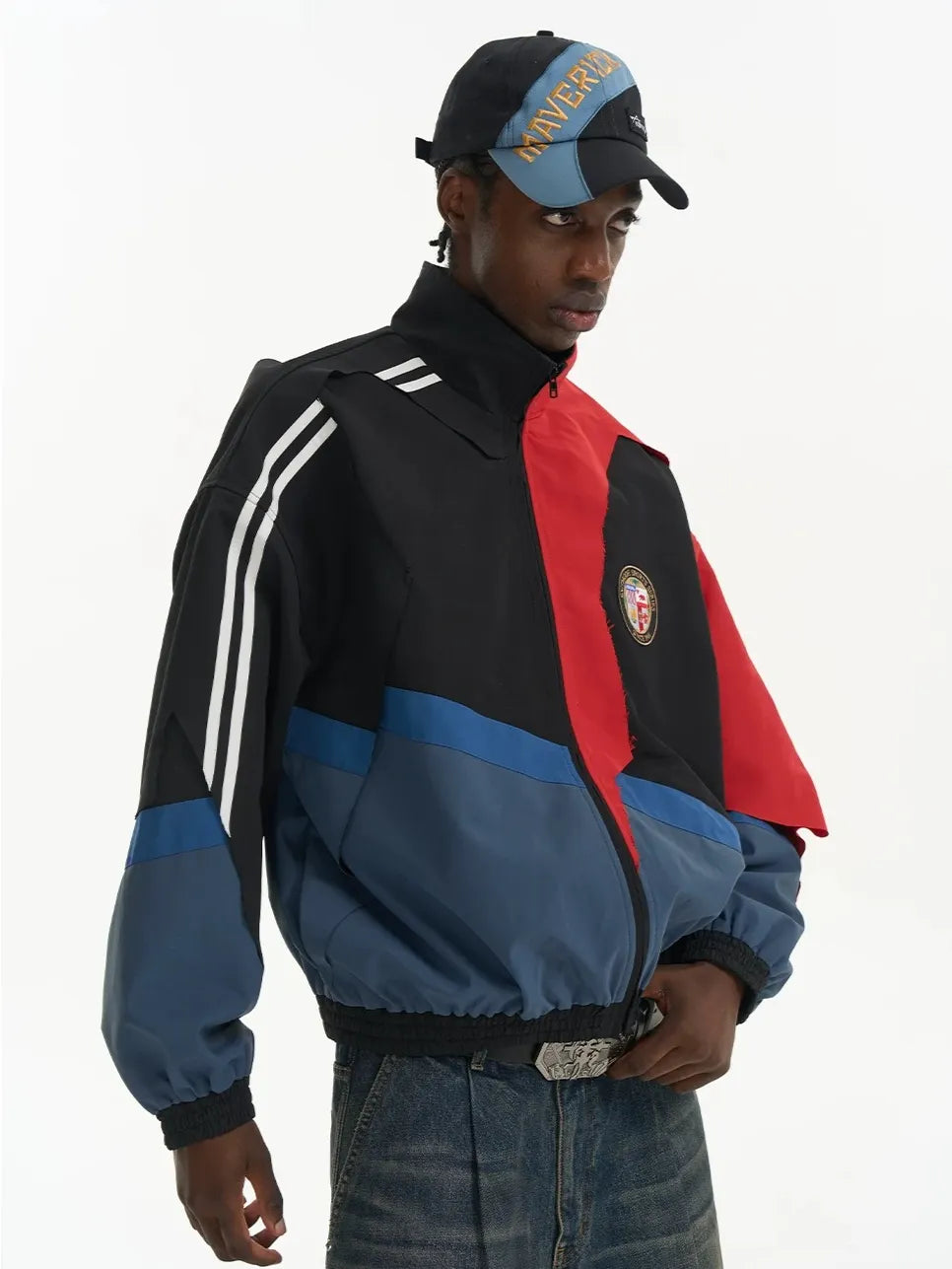 Distressed Cut-Out Color-Block Sport Jacket