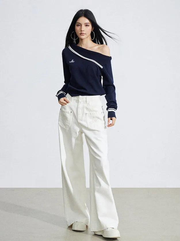 Embroidered Pocket Wide-Leg Denim Jeans