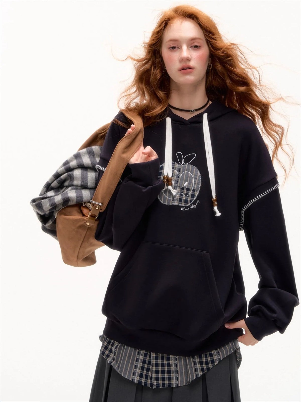 Fake Two-piece Apple Appliqué Layered Hoodie
