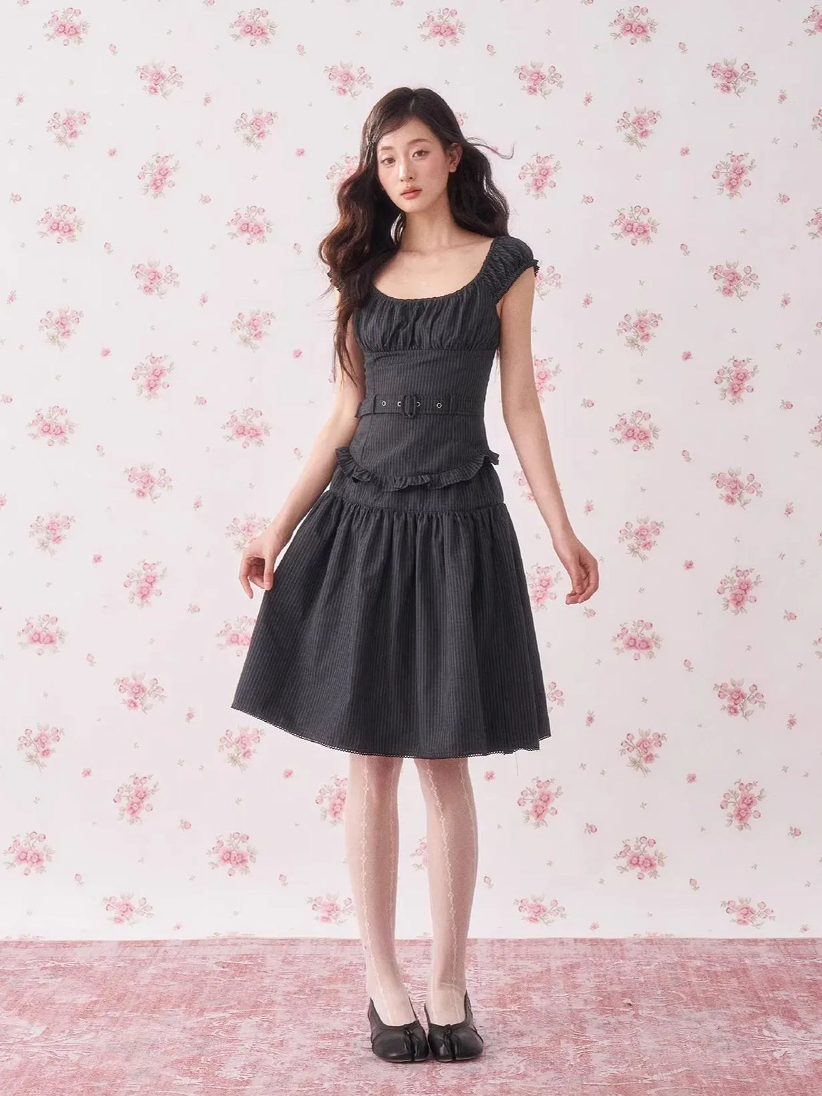 Vintage Floral Waist-Cinching Two-Piece Skirt Set