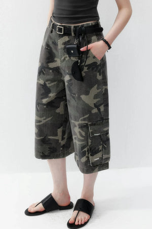 Camouflage Denim Wide-Leg Pants