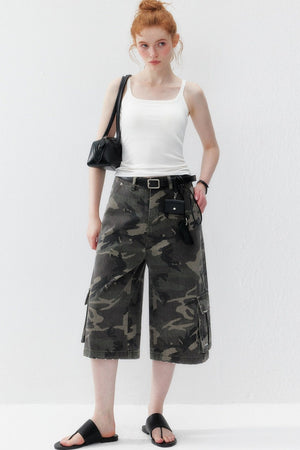 Camouflage Denim Wide-Leg Pants