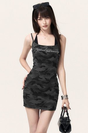 Camouflage Rhinestone Top and Mini Dress Set-Up