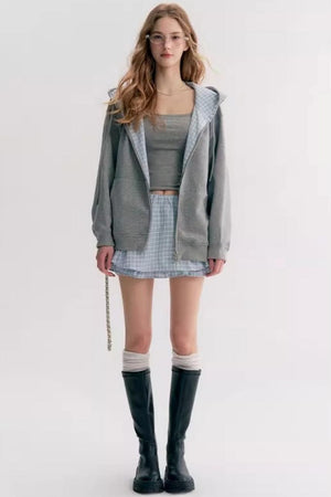 Casual Plaid Hooded Sweatshirt Suspender Skirt Set-Up