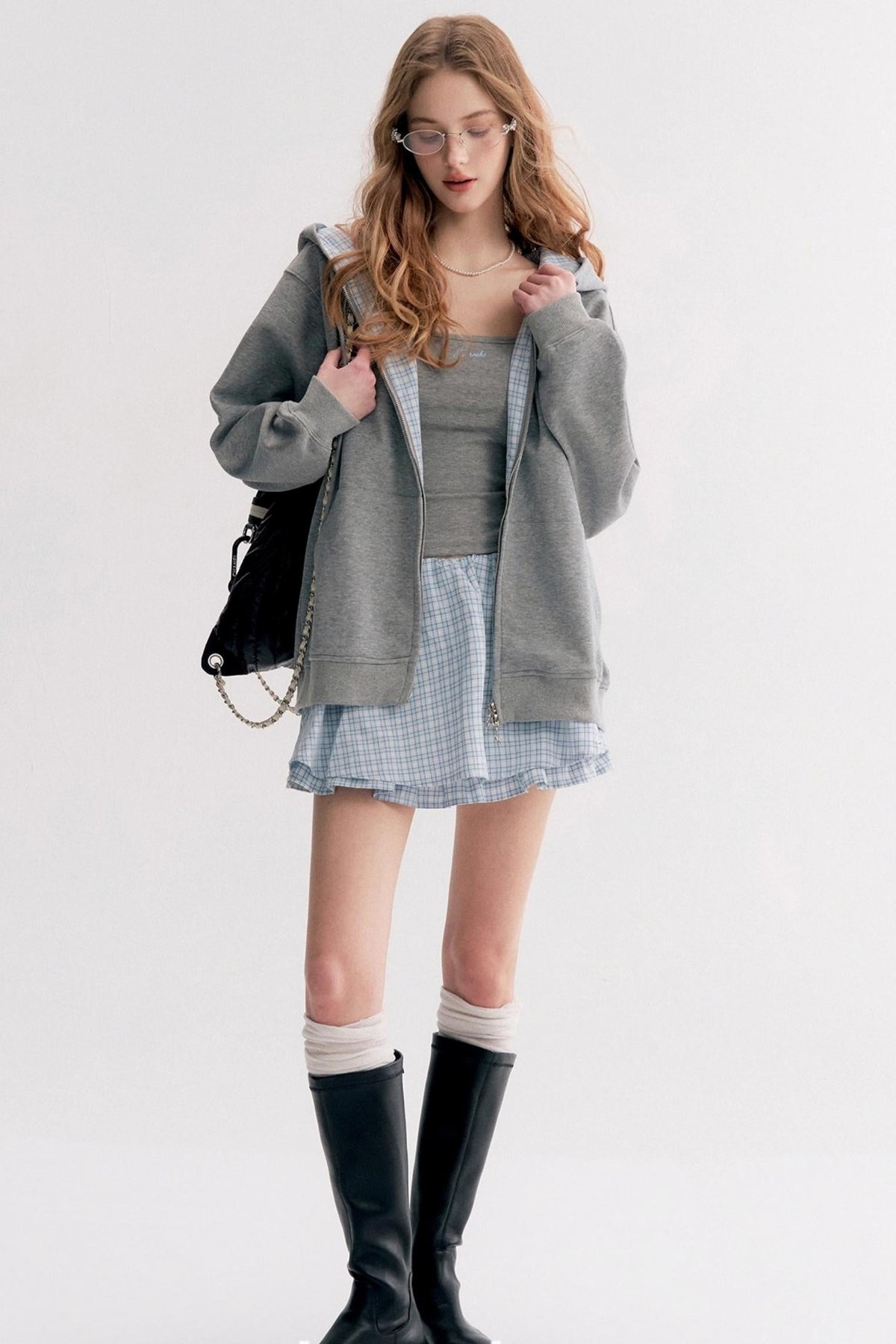 Casual Plaid Hooded Sweatshirt Suspender Skirt Set-Up