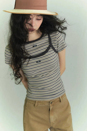 Casual Striped T-Shirt Suspender Set