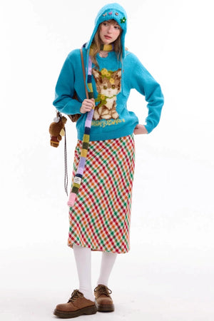 Cat Pattern Blue U Neck Sweater