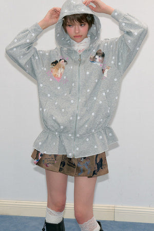 Cat Polka Dot Zipper Hooded Jacket
