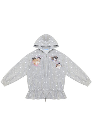 Cat Polka Dot Zipper Hooded Jacket