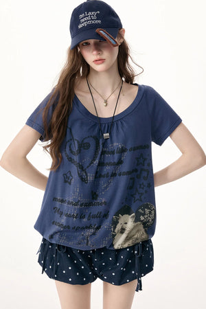 Cat Print Drawstring Short Sleeve T-Shirt