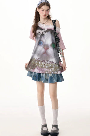 Cat Print Lace Collar Oversized T-Shirt