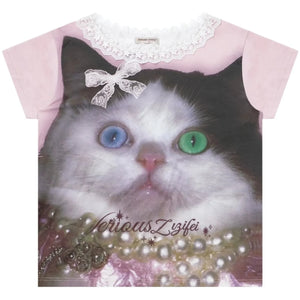 Cat Print Lace Collar Oversized T-Shirt