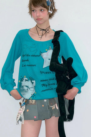 Cat Print Lantern Sleeve T-Shirt