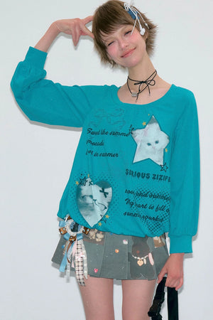 Cat Print Lantern Sleeve T-Shirt