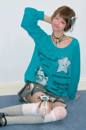 Cat Print Lantern Sleeve T-Shirt