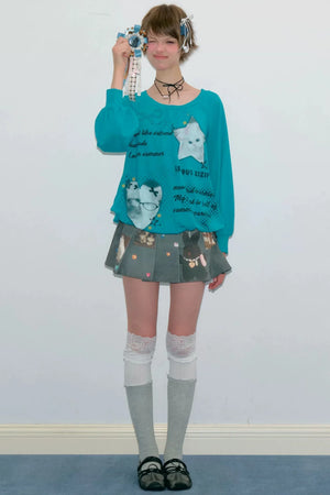 Cat Print Lantern Sleeve T-Shirt