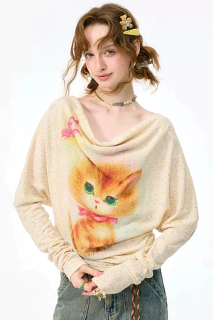 Cat Print Long Sleeve Blouse