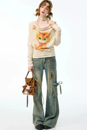 Cat Print Long Sleeve Blouse