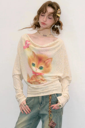 Cat Print Long Sleeve Blouse