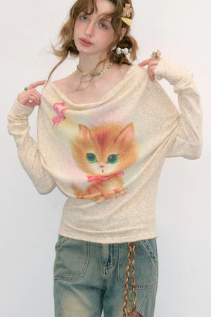 Cat Print Long Sleeve Blouse