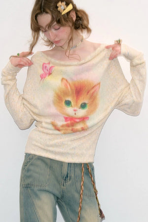 Cat Print Long Sleeve Blouse
