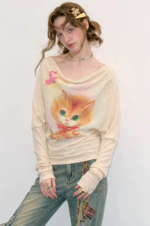 Cat Print Long Sleeve Blouse