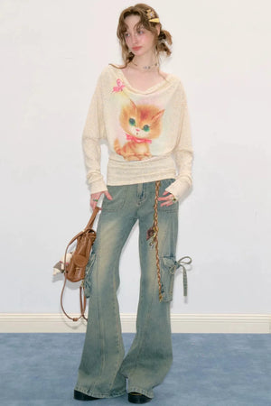Cat Print Long Sleeve Blouse