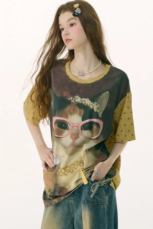 Cat Print Loose Short-Sleeved T-Shirt