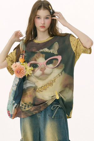 Cat Print Loose Short-Sleeved T-Shirt