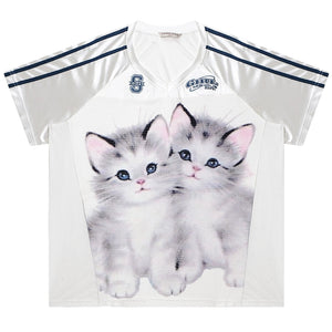 Cat Print Loose V-Neck T-Shirt