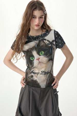 Cat Print Polka Dot T-Shirt