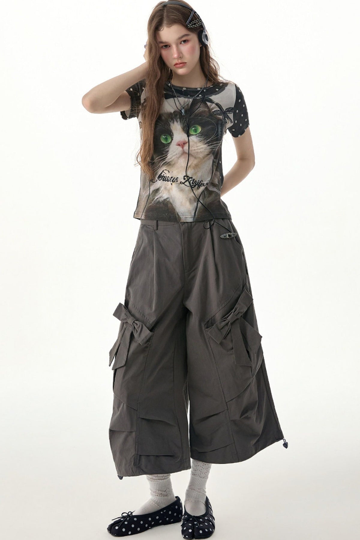 Cat Print Polka Dot T-Shirt