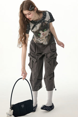 Cat Print Polka Dot T-Shirt