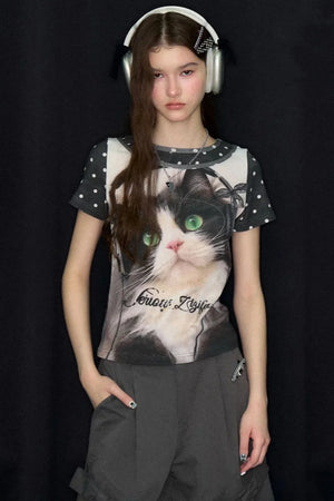 Cat Print Polka Dot T-Shirt