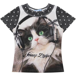 Cat Print Polka Dot T-Shirt