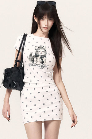 Cat Print Polka Dot Top Pants and Skirt Set-Up