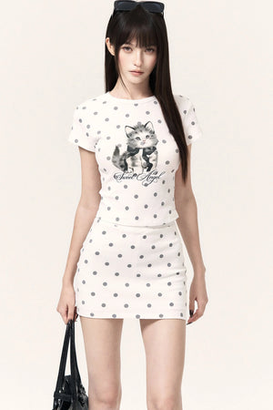 Cat Print Polka Dot Top Pants and Skirt Set-Up