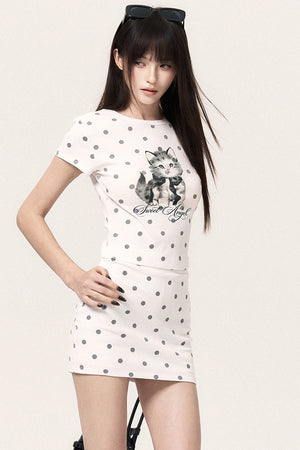 Cat Print Polka Dot Top Pants and Skirt Set-Up