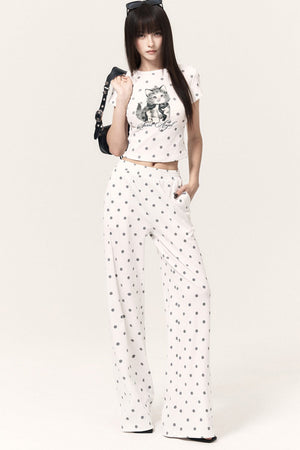 Cat Print Polka Dot Top Pants and Skirt Set-Up