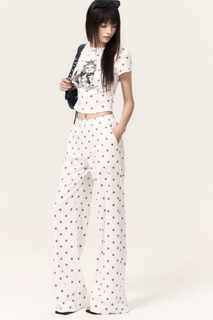 Cat Print Polka Dot Top Pants and Skirt Set-Up
