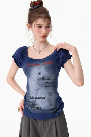 Cat Print Puff Sleeve Short Sleeve T-Shirt