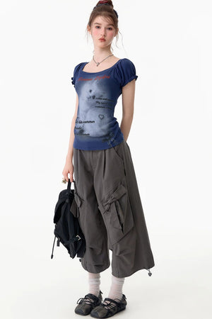 Cat Print Puff Sleeve Short Sleeve T-Shirt