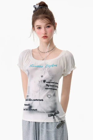 Cat Print Puff Sleeve U-Neck T-Shirt