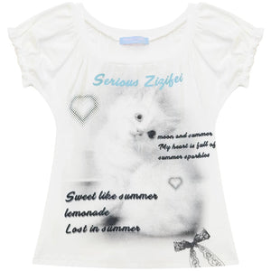 Cat Print Puff Sleeve U-Neck T-Shirt