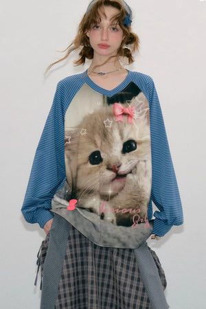 Cat Print Raglan Long Sleeve T-Shirt