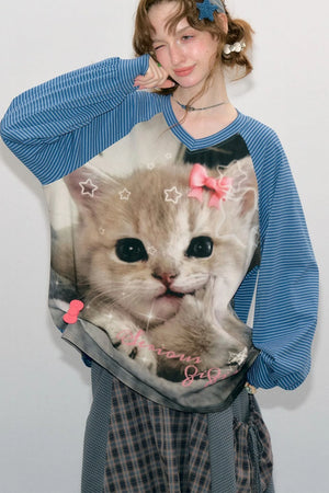 Cat Print Raglan Long Sleeve T-Shirt