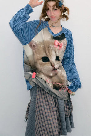 Cat Print Raglan Long Sleeve T-Shirt