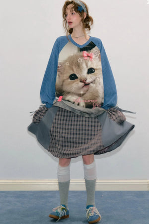 Cat Print Raglan Long Sleeve T-Shirt